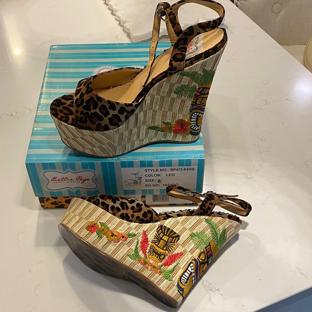 Bettie Page Leopard Print Wedges with Embroidered Platform